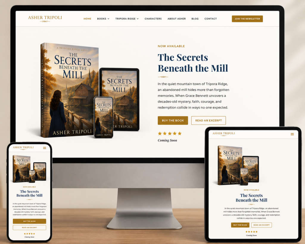 Responsive website mockup for The Secrets Beneath the Mill by Asher Tripoli displayed on desktop, tablet, and mobile devices.